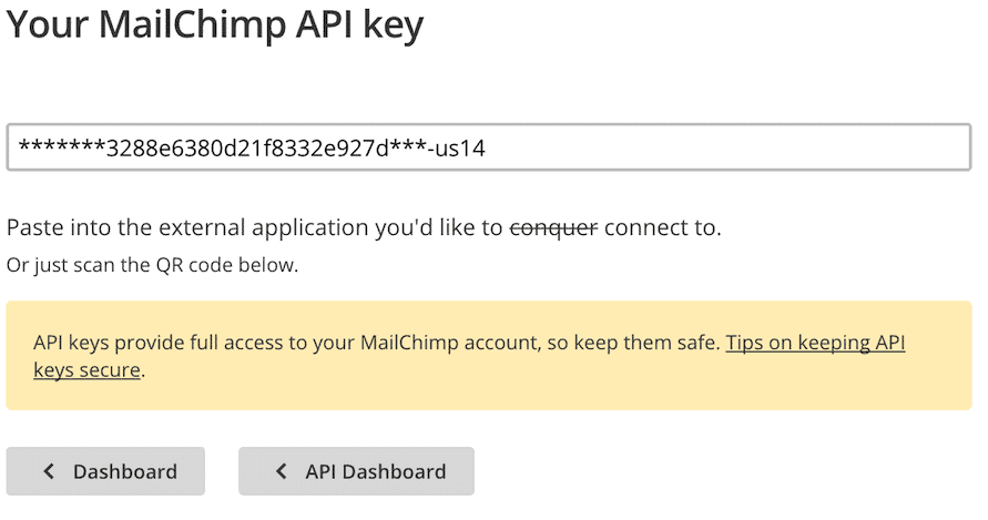 MailChimp API Key display page