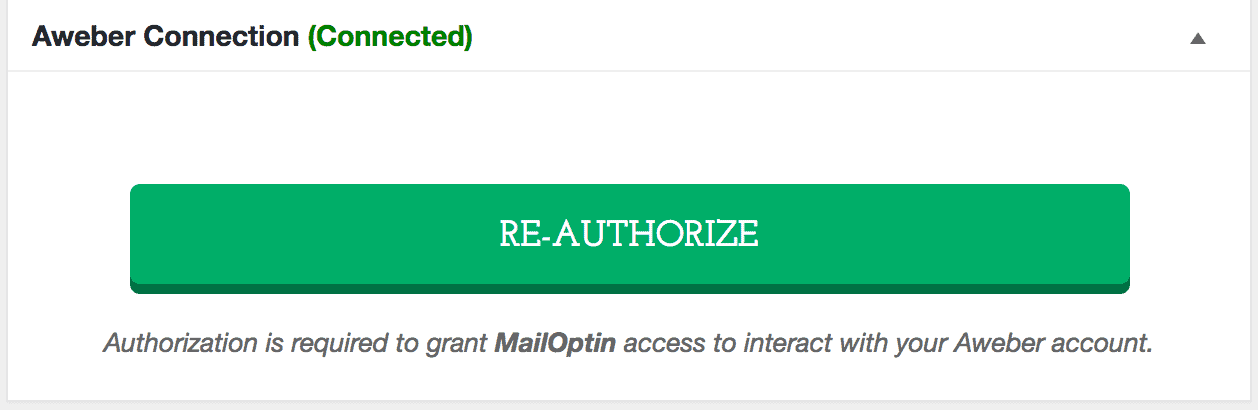 Successful authorization of MailOptin to Aweber