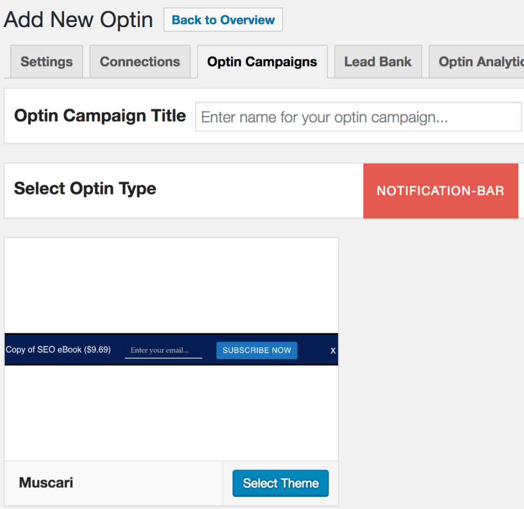 Create new notification bar optin campaign