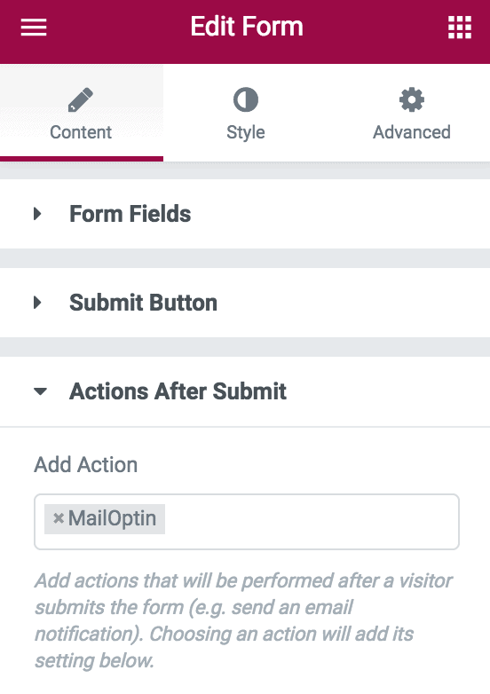 Elementor Actions after Submit Form settings