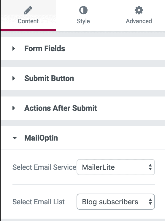 MailOptin elementor form settings
