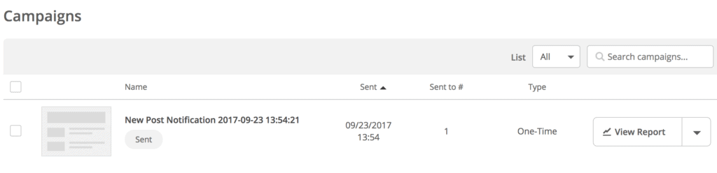 Record of new post notification in ActiveCampaign dashboard sent by MailOptin