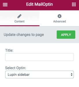 MailOptin widget settings in Elementor