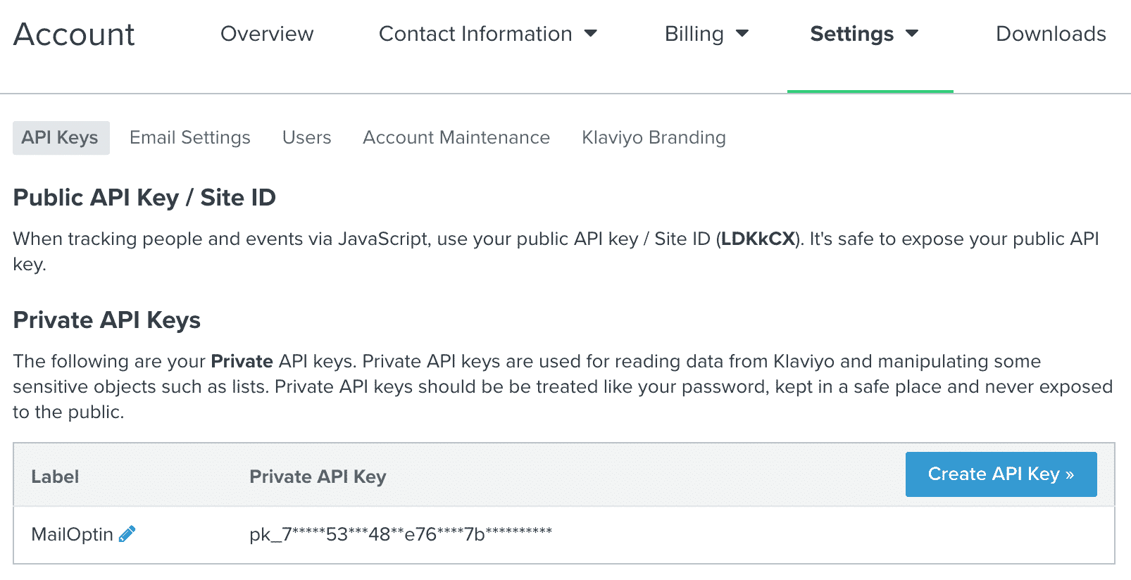 Klaviyo API Keys settings page