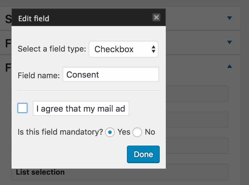 MailPoet form field settings