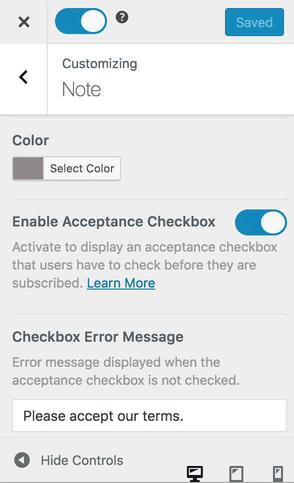 Optin acceptanche checkbox settings