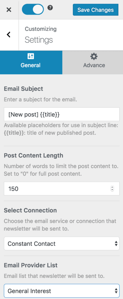 Constant Contact as New Post Notification target