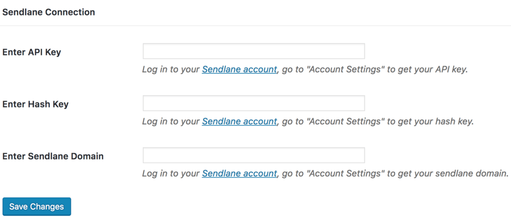Sendlane connection settings page