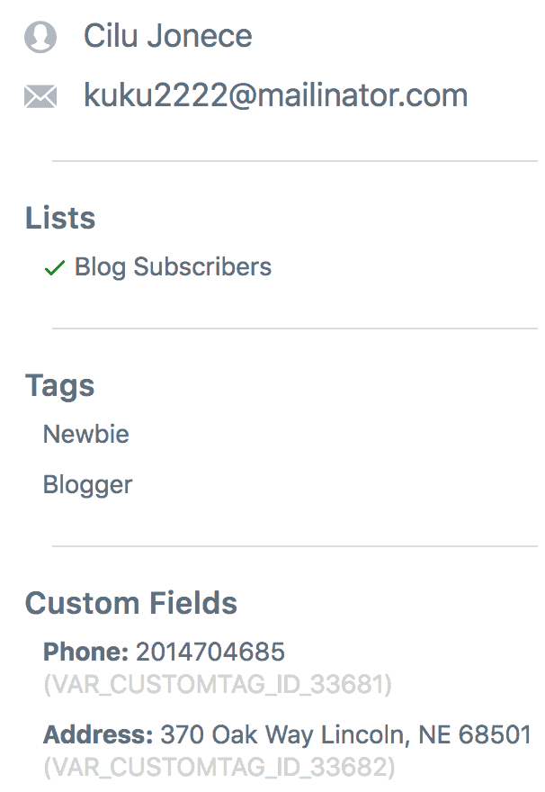 Sendlane subscriber profile with custom field