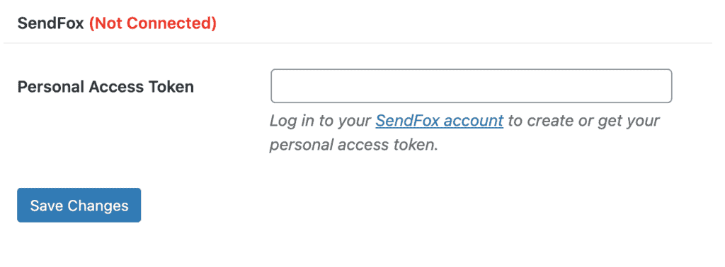 SendFox Connection Settings Page