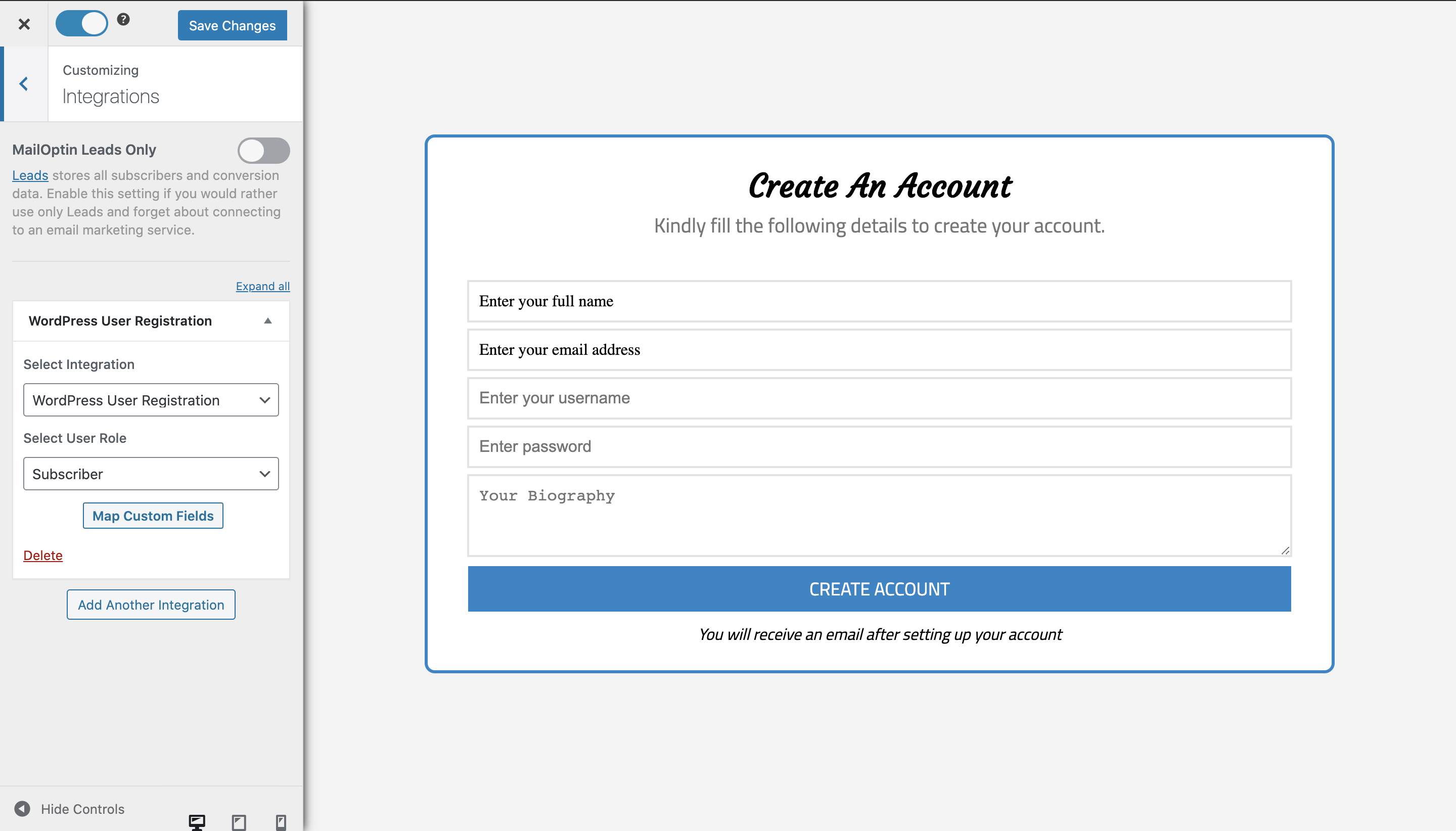 mailoptin user regitration form settings