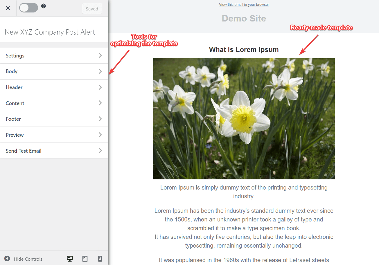 editing email template for sending wordpress posts