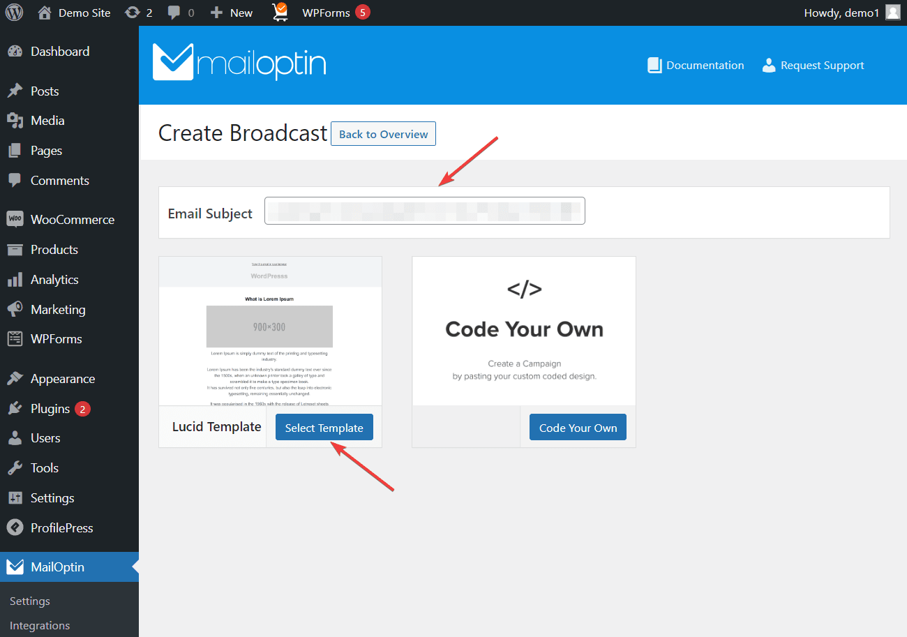 select template for broadcast in mailoptin