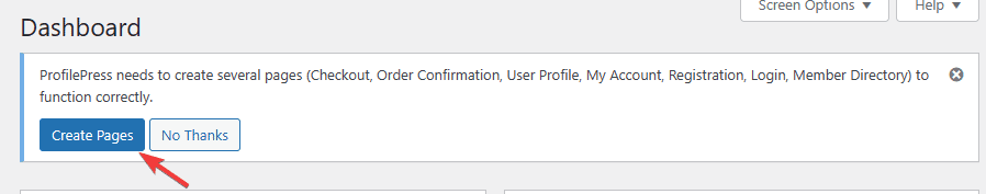 Click Create Pages in the ProfilePress notification