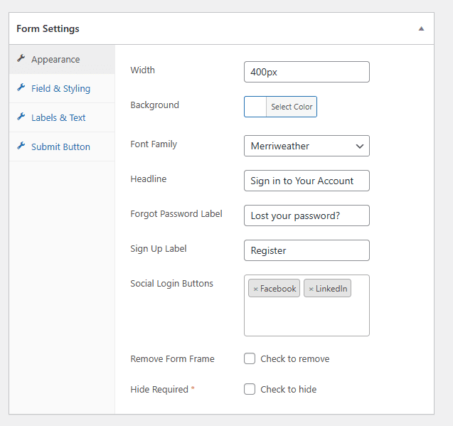 Form Settings Section For Login Form