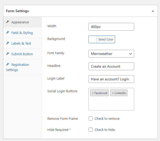 Form Settings Section