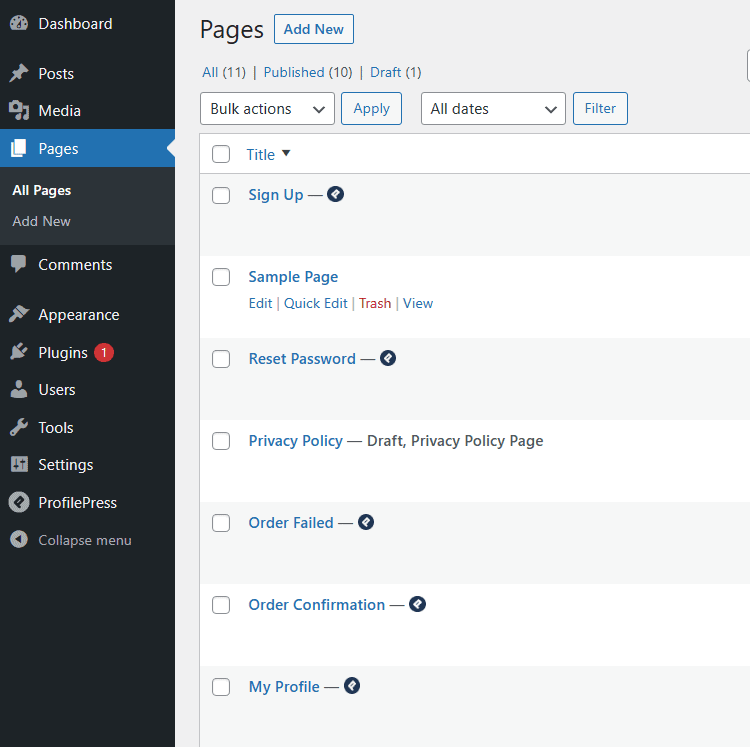 ProfilePress Pages In Pages Section of Admin Menu