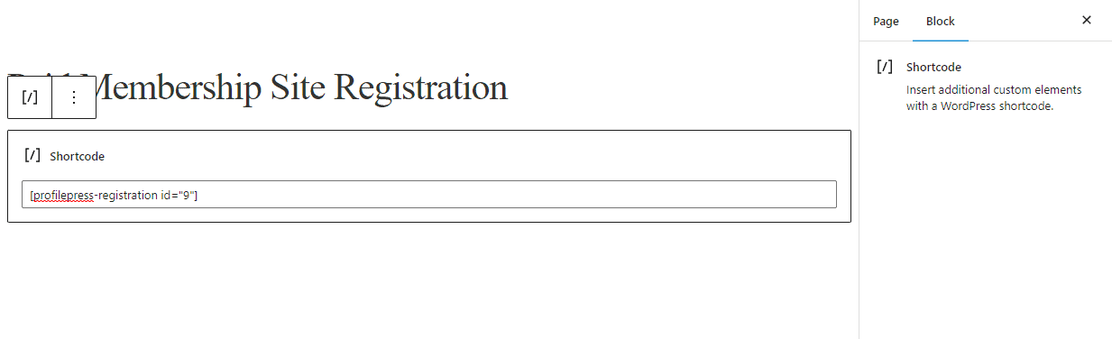 Registration form shortcode