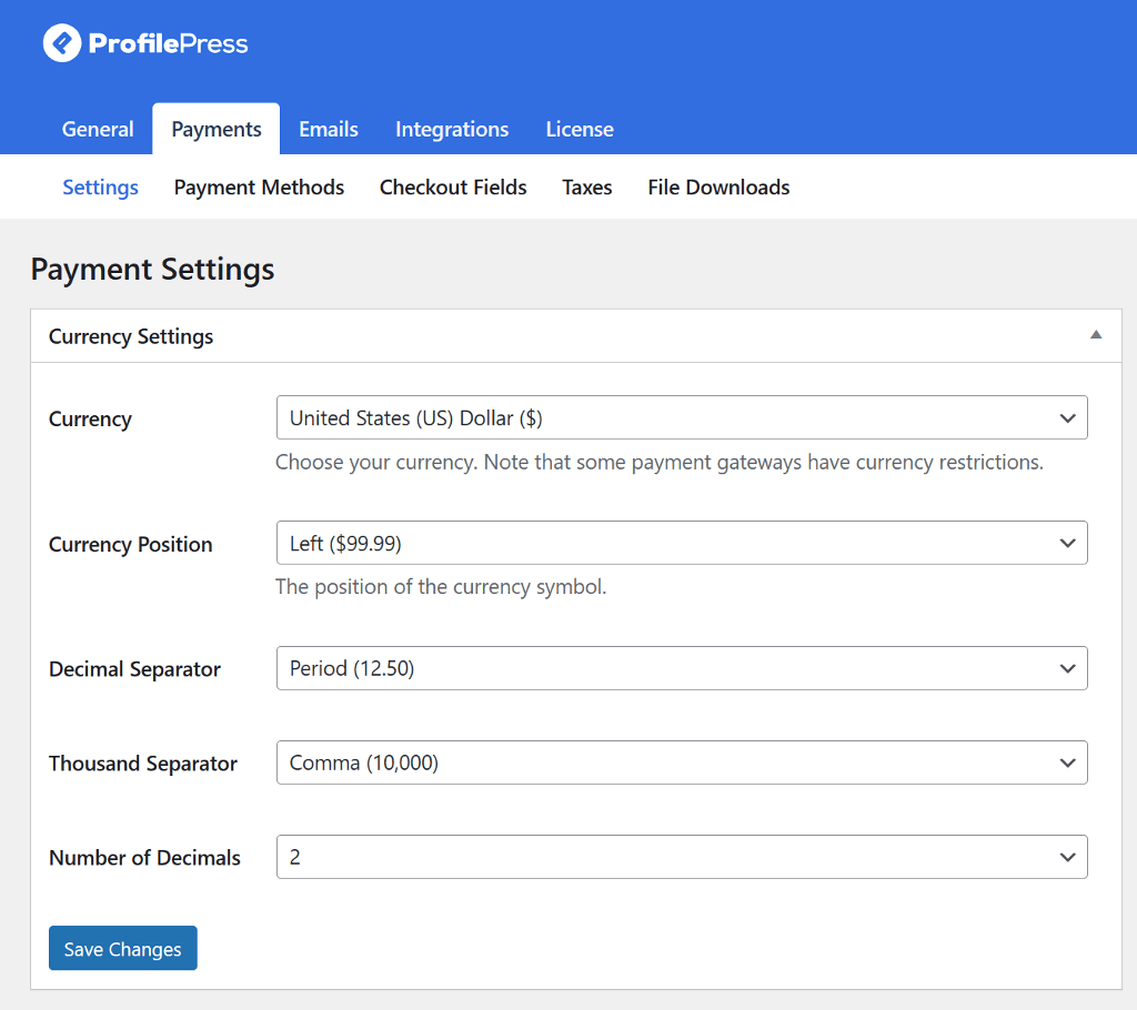 Currency setting in ProfilePress