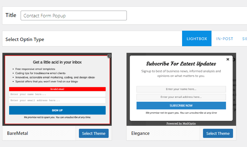 enter a name for this popup, and select a template