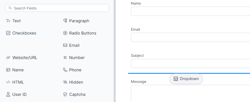 To add a new field to your form, drag the desired field from the left sidebar onto the form canvas