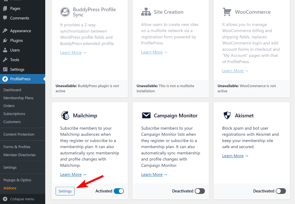 click on the Settings button that appear on the Mailchimp addon box