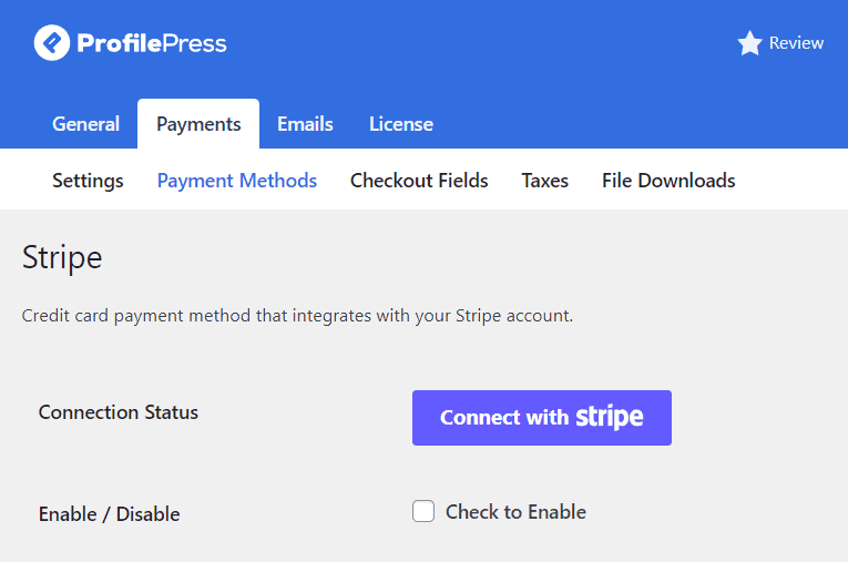 connecting stripe with profilepress