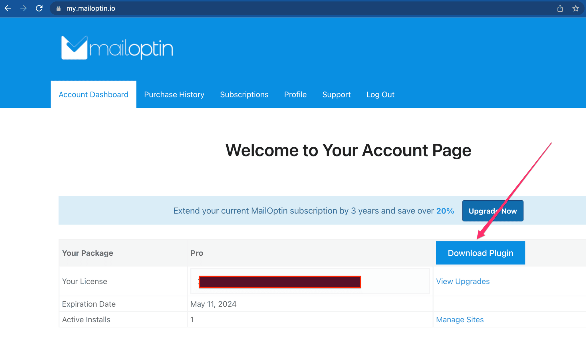 Image showing MailOptin dashboard with the plugin download button