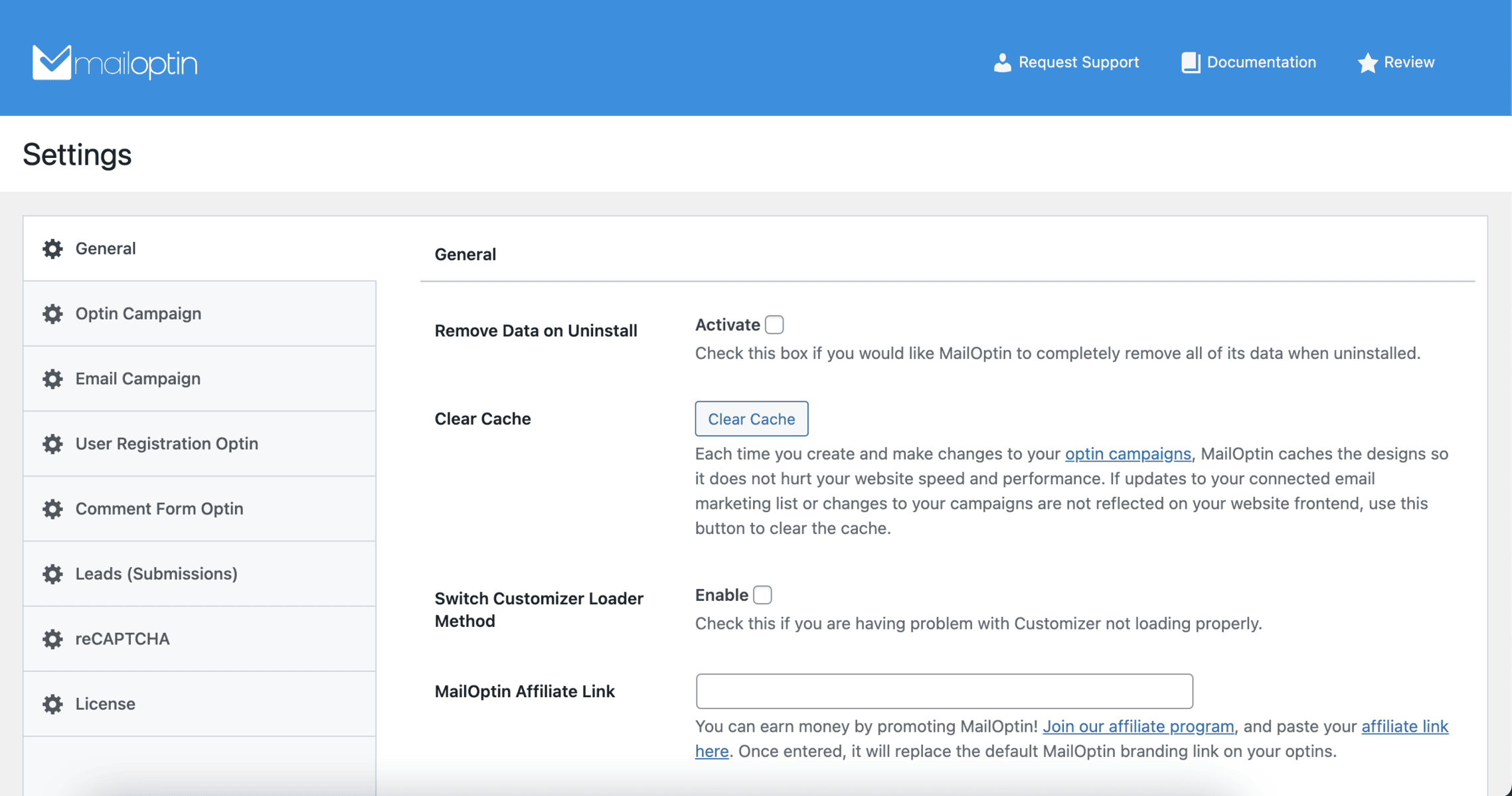Image showing MailOptin settings page