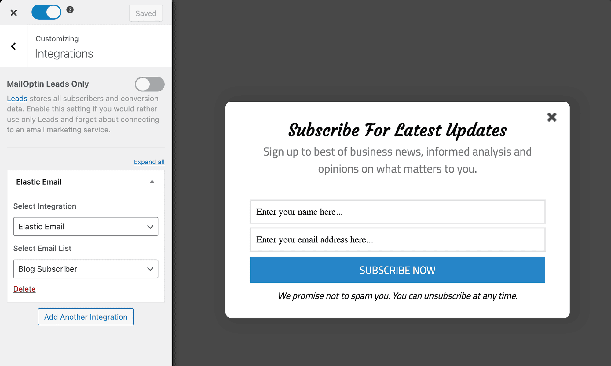 Elastic Email optin customizer