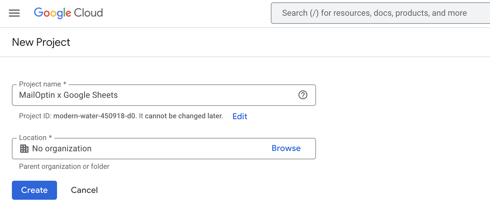 Google Cloud Console - Create project