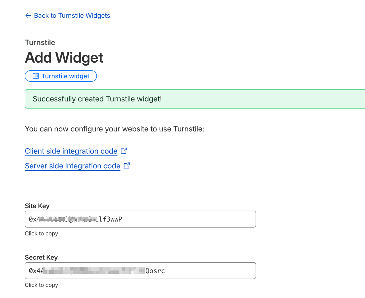 Cloudflare Turnstile generated keys