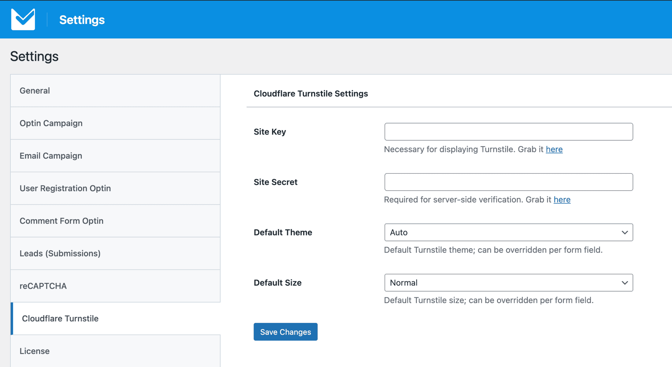 MailOptin settings for Cloudflare Turnstile
