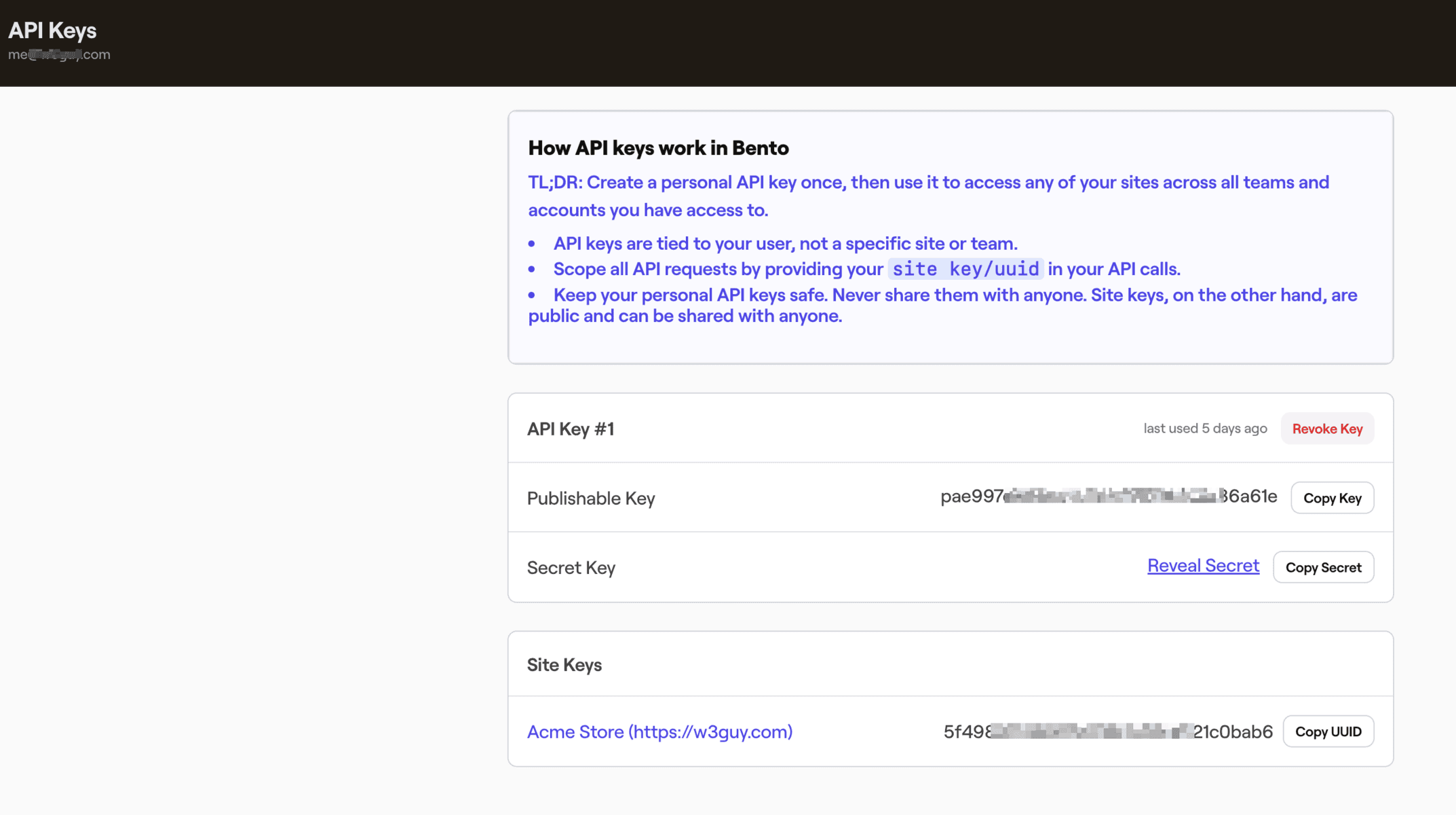 Bento API credentials page