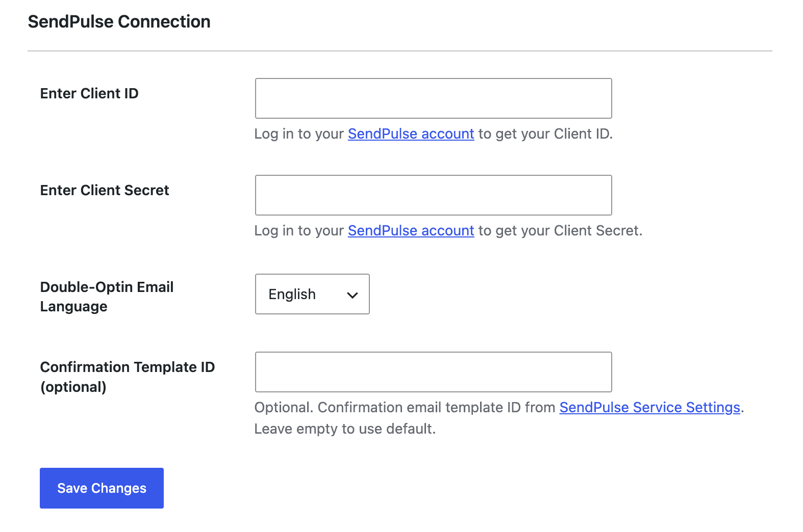 SendPulse integration settings in MailOptin